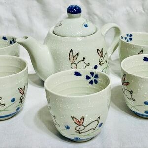 Whimsical Rabbit Ceramic Tea Set - Cream and Blue